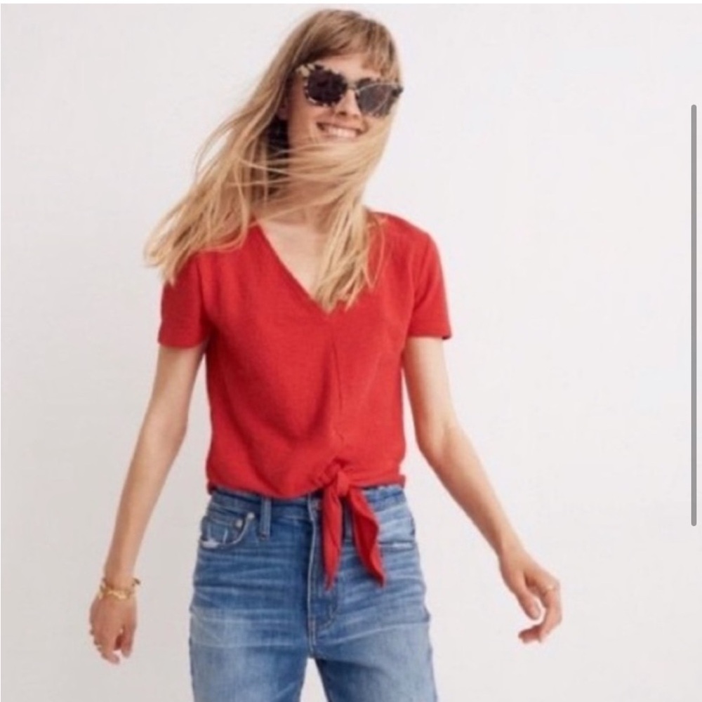 Madewell Texture & Thread Red Tie Front Short Sleeve Tee